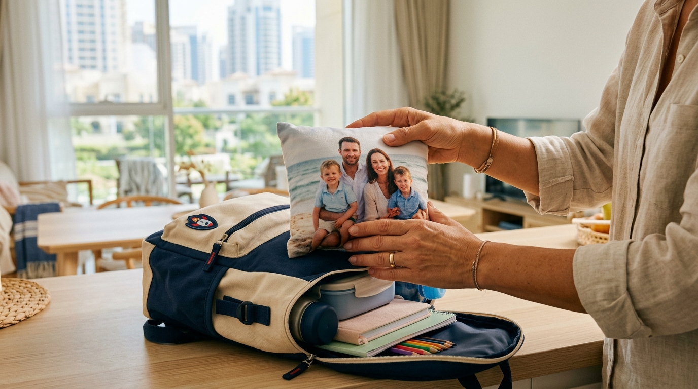 personalized school supplies - A warm, sunlit photo of a mother's hands gently placing a small, soft photo cushion with a family picture on it into a child's new school backpack. The setting is a bright, modern home in Dubai, with soft morning light. The focus is on the hands and the cushion, conveying a sense of love and comfort. No text visible on the cushion or anywhere else.