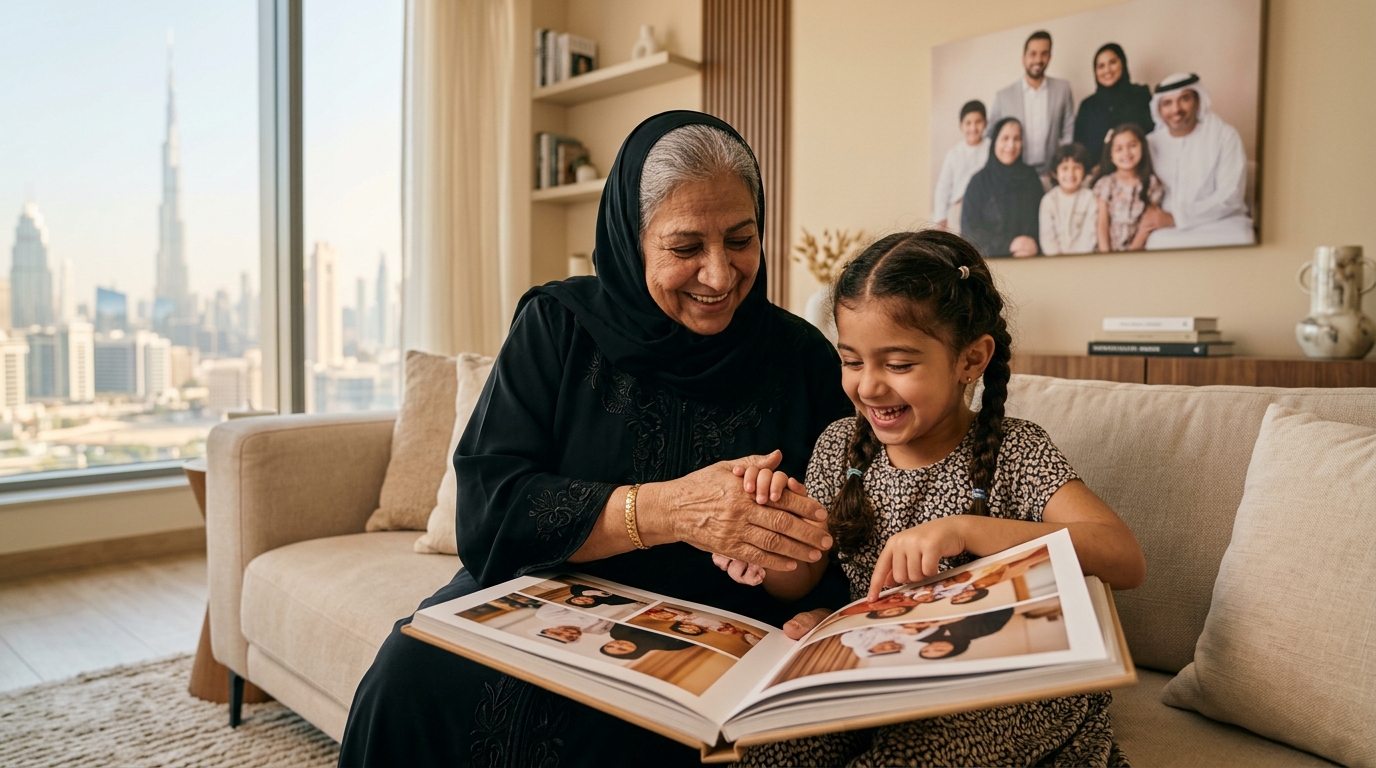 canvas print or photo book better gift - A warm, sunlit living room in a modern Dubai apartment. A smiling Emirati grandmother and her young granddaughter are sitting together on a plush sofa, joyfully looking through a beautiful hardcover photo book. The focus is on their connected hands and happy expressions. In the background, a large, elegant canvas print of a family portrait hangs on the wall, slightly out of focus. The mood is loving and nostalgic.