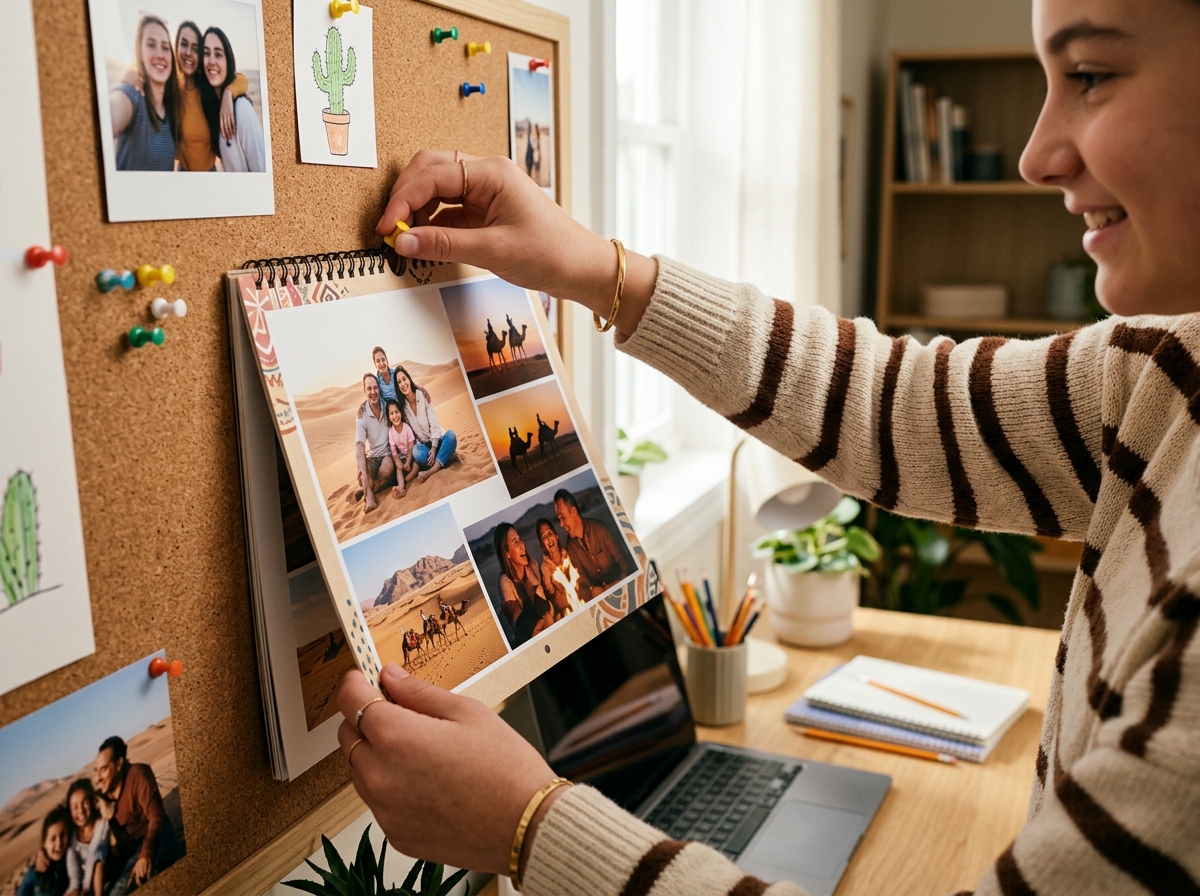 A close-up shot of a teenager's hands happily pinning a vibrant, custom photo calendar to a corkboard above a study desk. The calendar pages feature candid, happy family photos from a desert trip. The room is tidy and well-lit, suggesting a fresh start to the school year. The focus is on the act of organizing and personalizing the space. No visible text on the calendar dates.