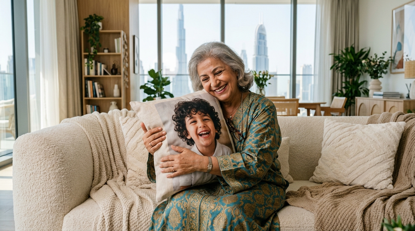 custom photo cushion Dubai - A heartwarming lifestyle shot of a grandmother on a plush sofa in a bright, modern Dubai apartment, joyfully hugging a custom photo cushion. The cushion's photo clearly shows her smiling young grandchild. The mood is warm, loving, and full of connection.