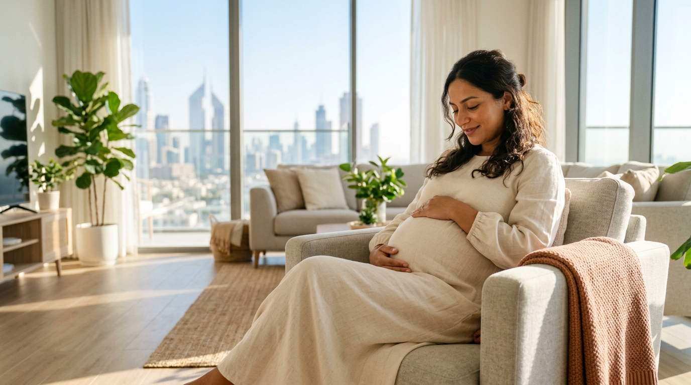 maternity photobook ideas - A heavily pregnant woman with Middle Eastern features, in her late third trimester, sits peacefully in a bright, airy living room in a modern Dubai apartment. She is wearing a simple, elegant linen dress and is looking down at her belly with a soft smile. Sunlight streams through a large window, creating a warm, hopeful glow. The focus is on the intimate, quiet moment of connection.
