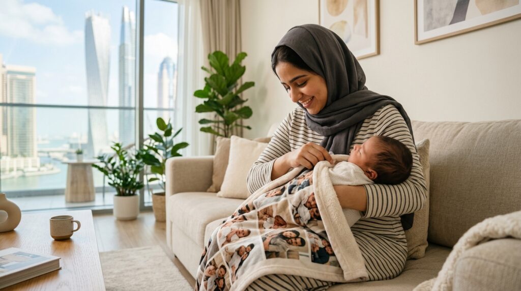 personalized baby blanket - A heartwarming wide shot of a new mother with an Emirati or Arab appearance, sitting in a bright, modern living room in a Dubai apartment, gently wrapping her newborn baby in a custom photo blanket. The focus is on the tender, loving expression and the soft texture of the blanket. Soft, natural light streams in from a large window. No text visible on the blanket.