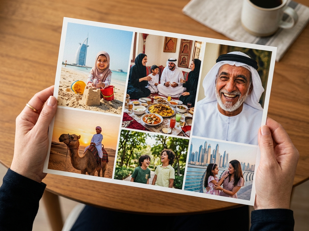 A close-up, top-down shot of a pair of hands holding a freshly printed, high-quality photo collage. The collage is filled with vibrant, candid photos of family life in the UAE: a child building a sandcastle, a shared meal, a close-up of a smiling grandparent. The focus is on the rich colours and texture of the matte paper print.