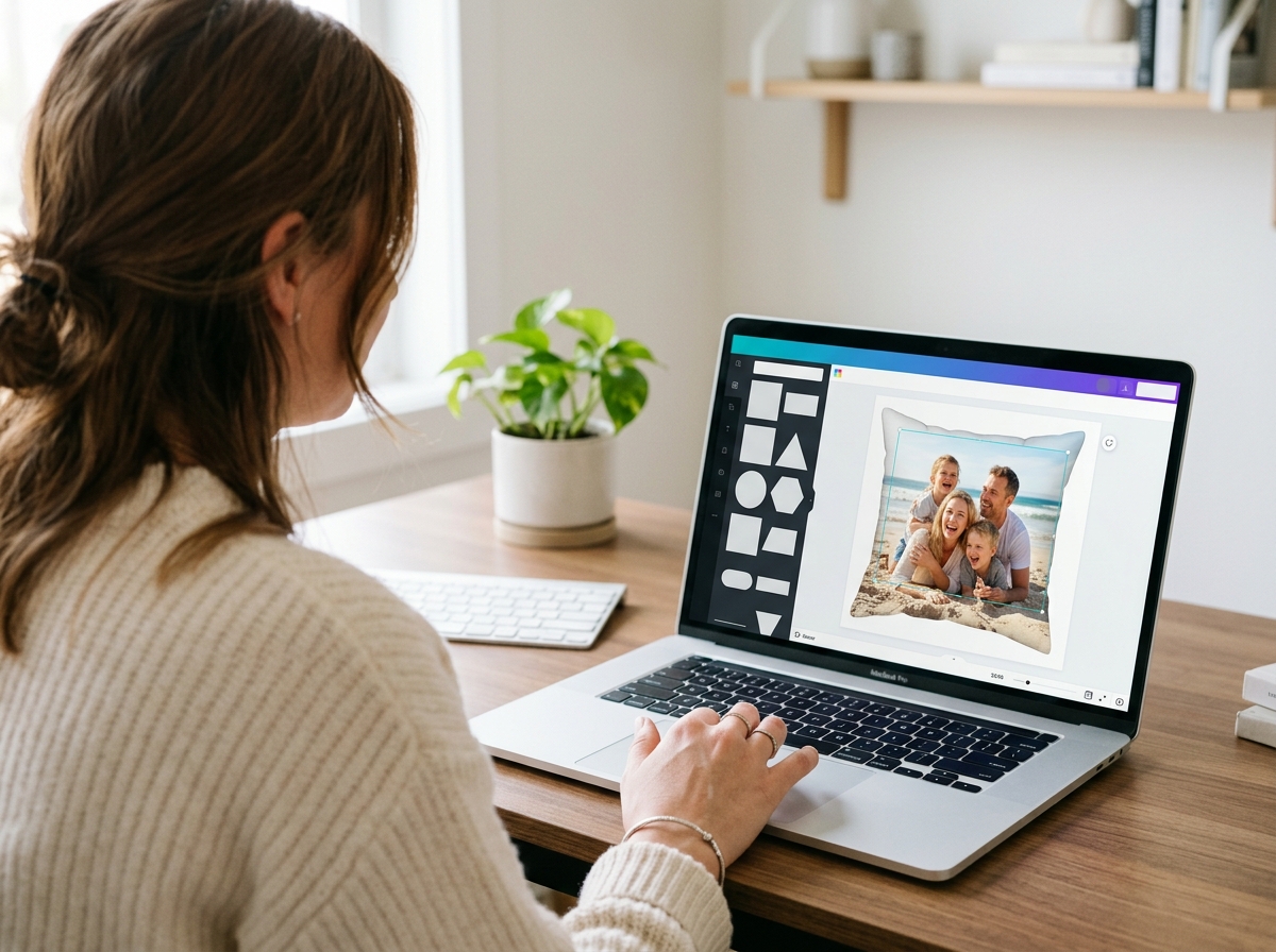 An over-the-shoulder shot of a person designing a photo gift on a laptop. Their hands are visible on the trackpad, and on the screen is a bright, clear photo of a family laughing on a beach, being placed onto a cushion template. The background is a clean, minimalist home office setting.