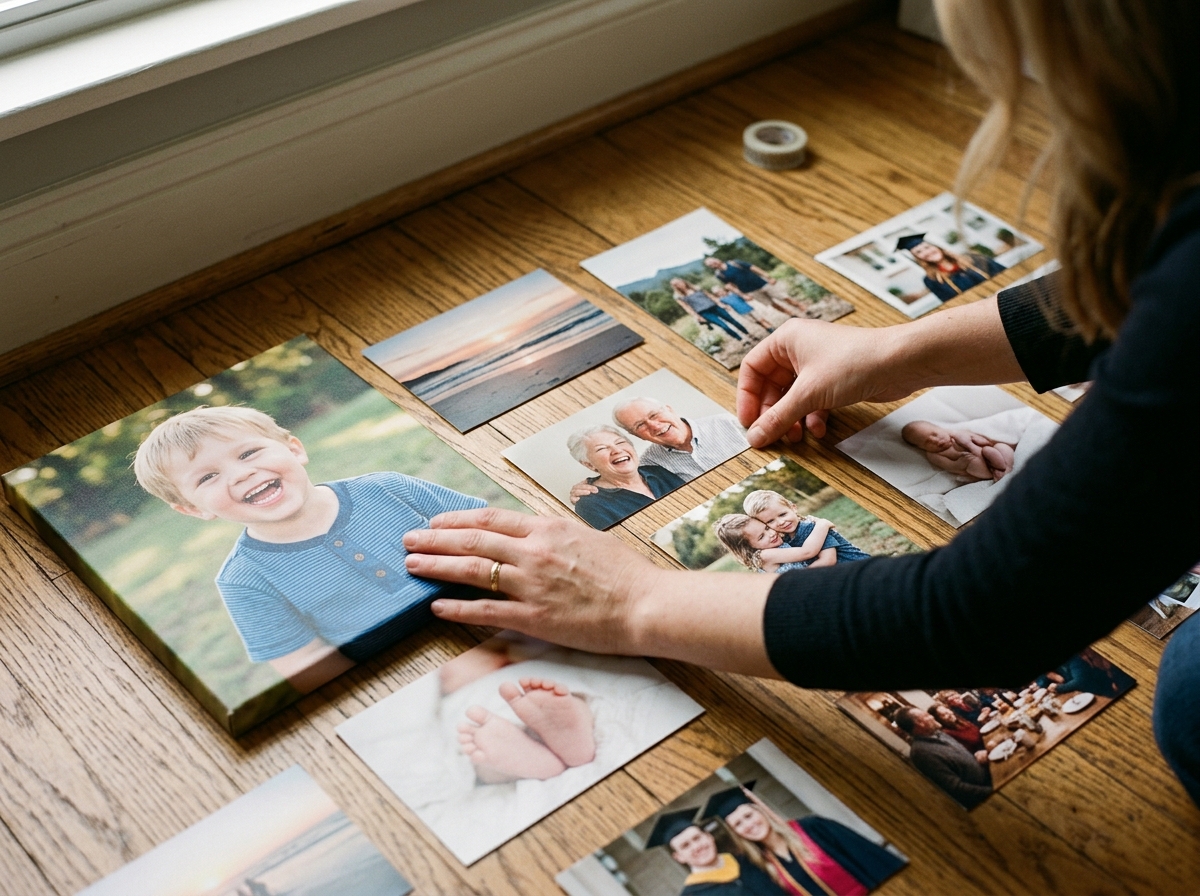 A close-up, detailed shot of a person's hands carefully arranging a collection of photos on a clean, wooden floor. They are planning a gallery wall. One finished canvas print of a smiling child is visible, alongside several smaller, unframed photo prints of family moments. The focus is on the act of curating memories. The lighting is soft and natural.