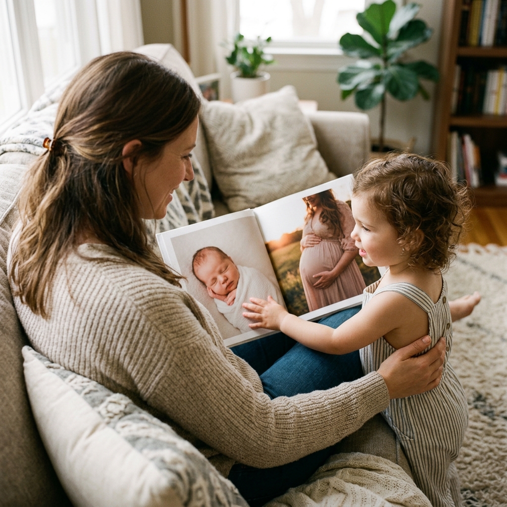 Over-the-shoulder view of a new mother sitting on a comfortable sofa, showing a beautiful layflat photobook to her toddler. The open page of the book shows a large photo of her pregnant belly on one side, and a photo of her newborn baby on the other. The mood is warm, loving, and nostalgic.