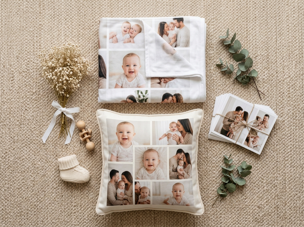 An elegant flat-lay of a gift set for a baby shower on a neutral-colored rug. It includes a neatly folded personalized photo blanket, a matching custom photo cushion, and a small stack of high-quality photo prints. The arrangement looks thoughtful and curated. No text is visible on any item.