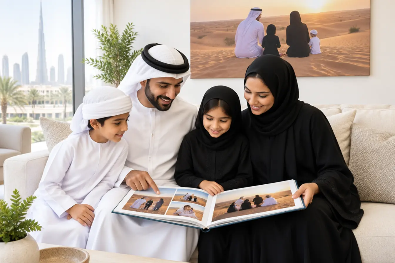 A family on the sofa turning the pages of their photo book, a desert canvas on the wall