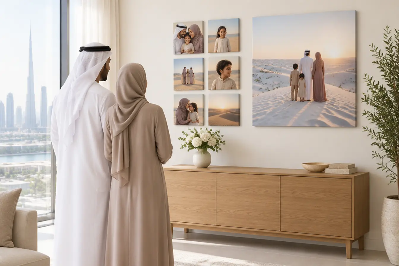 A couple looking at their wall of photo tiles and a desert canvas