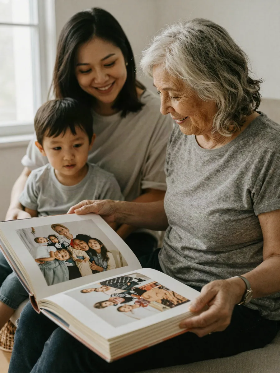 A mum at her 70th looking through a family photo book with her daughter and grandson