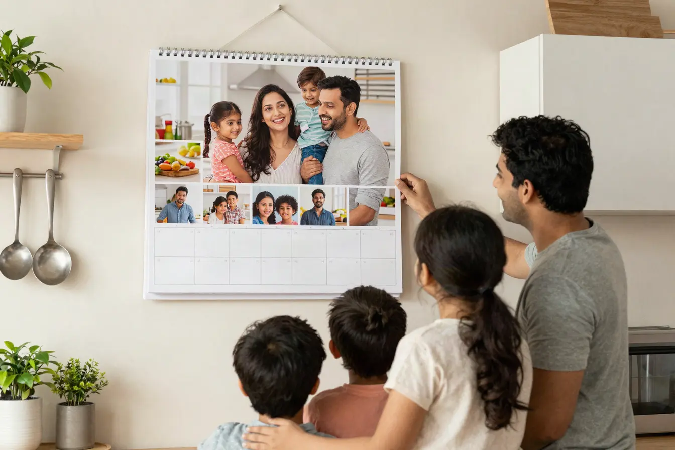 A family photo calendar on a kitchen wall