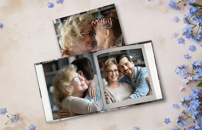 Custom printed Printerpix photo album with hard cover and large photos of old couple