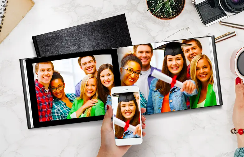 Leather Personalised Photo Books by Printerpix|Custom Printerpix photo book with leather cover and personalised design|Custom made photo album open on table with photo collage of family photos|Wedding and bride photos in custom printed photo album by Printerpix|Couple look at leather cover custom photo book made by Printerpix|Old couple print large custom photos in leather photo album book|||||