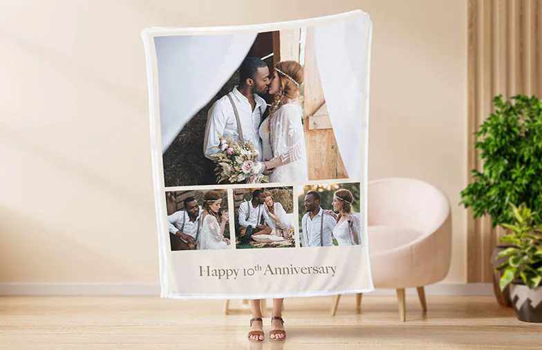 Mink Touch Photo Blanket by Printerpix|Personalised Blankets|Large photo blanket on double bed with picture of girl photo|Photo blanket image with size comparison|Photo blanket black and white collage image||||||
