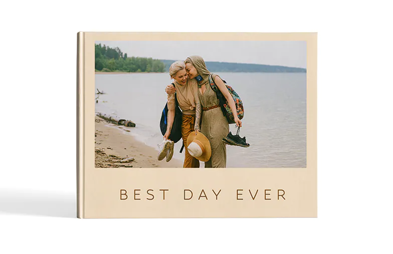 Custom printed Printerpix photo album with hard cover and large photos of old couple