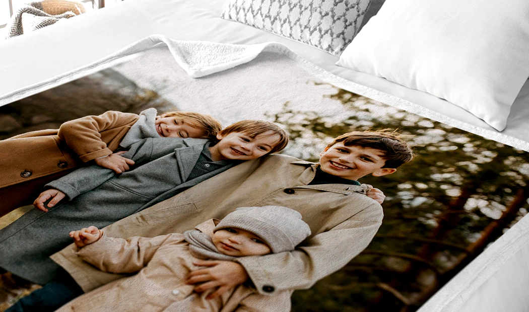 Mink Touch Photo Blanket by Printerpix|Photo Blankets|Large photo blanket on double bed with picture of girl photo|Photo blanket image with size comparison|Photo blanket black and white collage image||||||