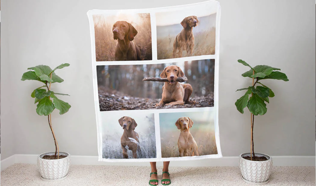 Mink Touch Photo Blanket by Printerpix|Personalised Blankets|Large photo blanket on double bed with picture of girl photo|Photo blanket image with size comparison|Photo blanket black and white collage image||||||