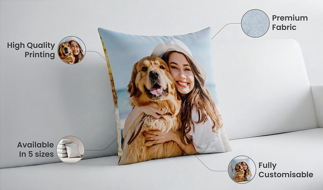 Happy woman hugs personalised cushion featuring a vibrant photo of a couple.  Create your unique keepsake!