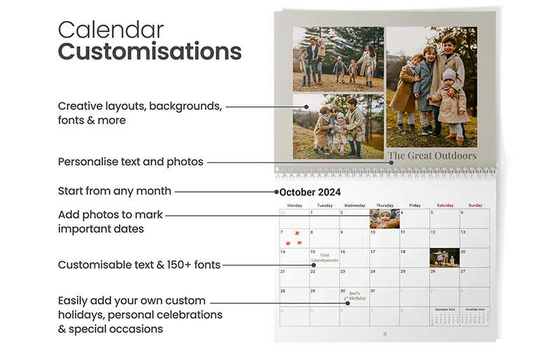 Personalised 2025 calendar: add your photos & events, choose from 150+ fonts & creative layouts.  Create your perfect year!